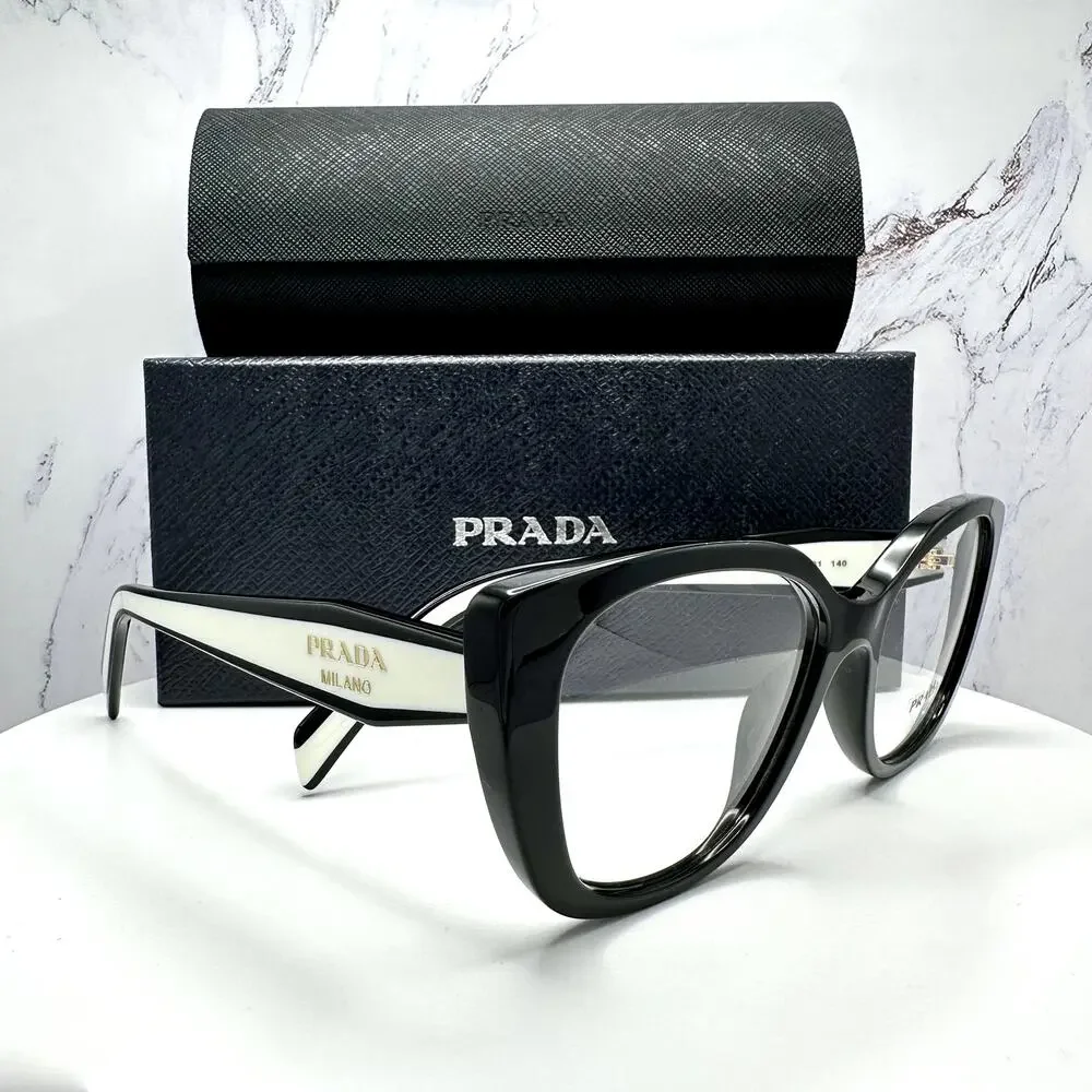 New PRADA Eyeglasses Cat Eye Black White Gold 53-17-140 Womens - Picture 12 of 16